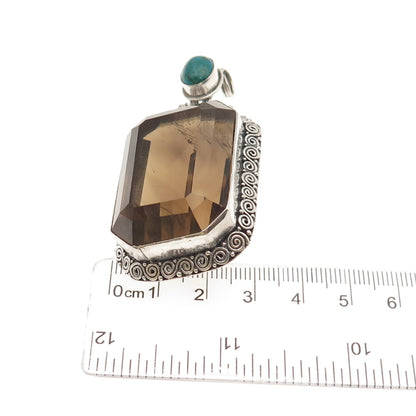 925 Sterling Silver Vintage Real Smoky Quartz & Azurite Spiral Large Pendant