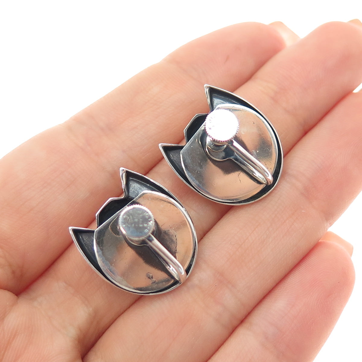 RENOIR SAUTEUR 925 Sterling Silver Antique Art Deco Lotus Screw Back Earrings