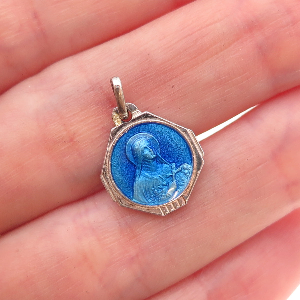 925 Sterling Silver Antique Art Deco France Enamel Saint Theresa Charm Pendant