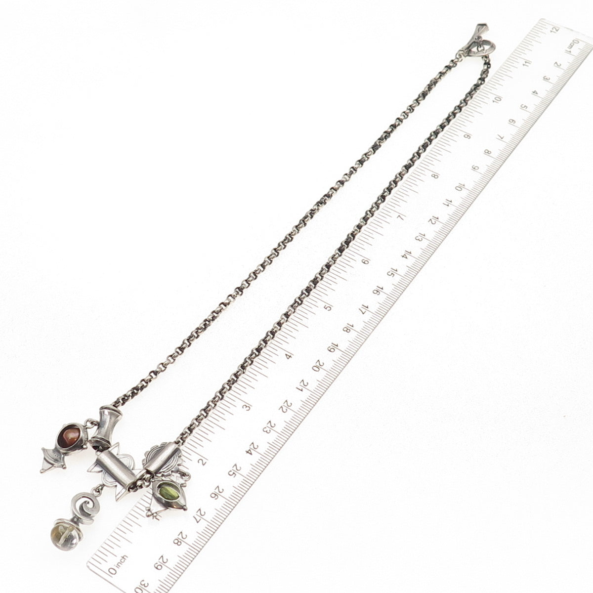 925 Sterling Silver Vintage Real Pearl Peridot Quartz Modernist Necklace 20"