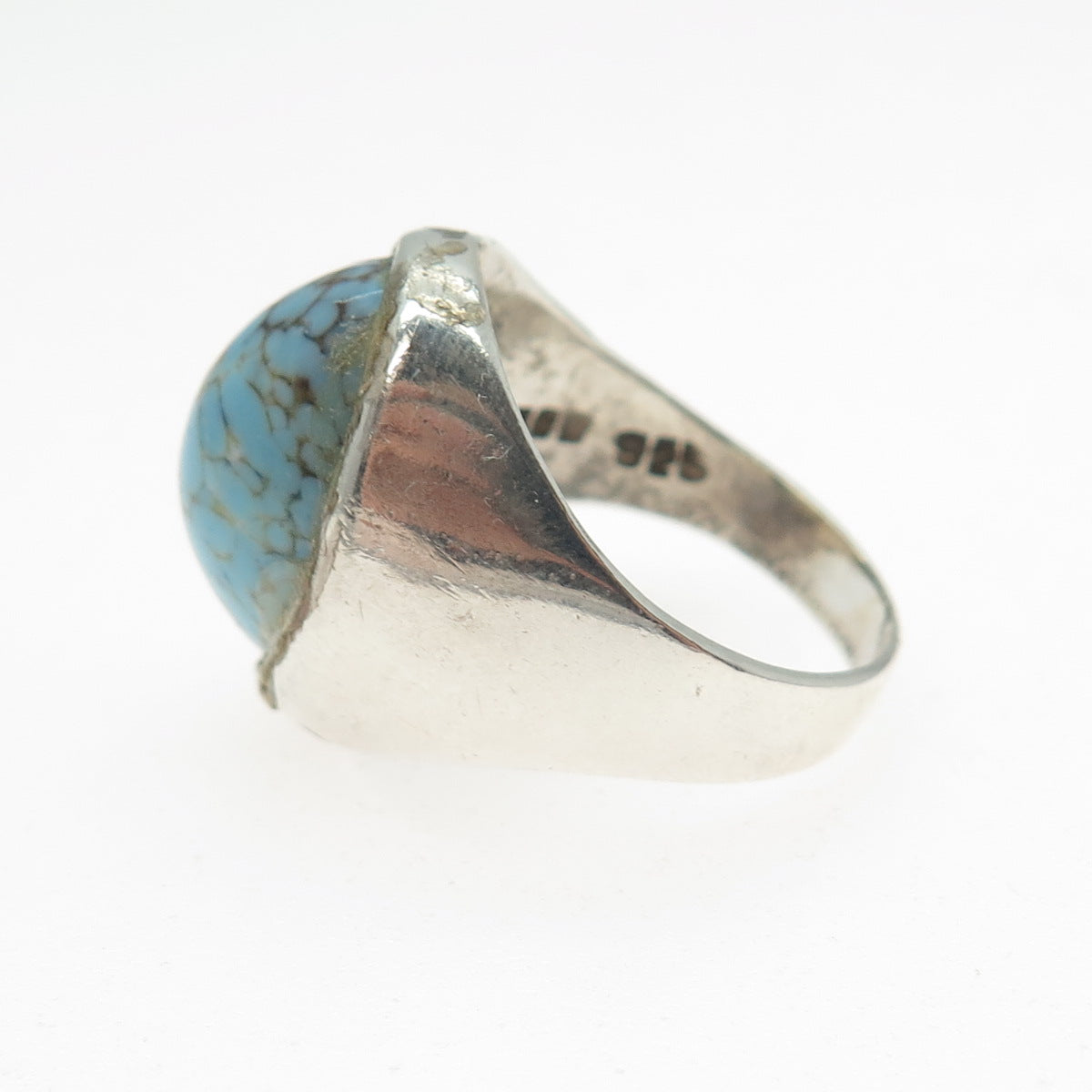 925 Sterling Silver Vintage Mexico Cabochon Faux Turquoise Ring Size 9.5