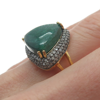 925 Sterling Gold Plated Real Diamond Malachite Ring Size 8.5 (missing 1 stone)