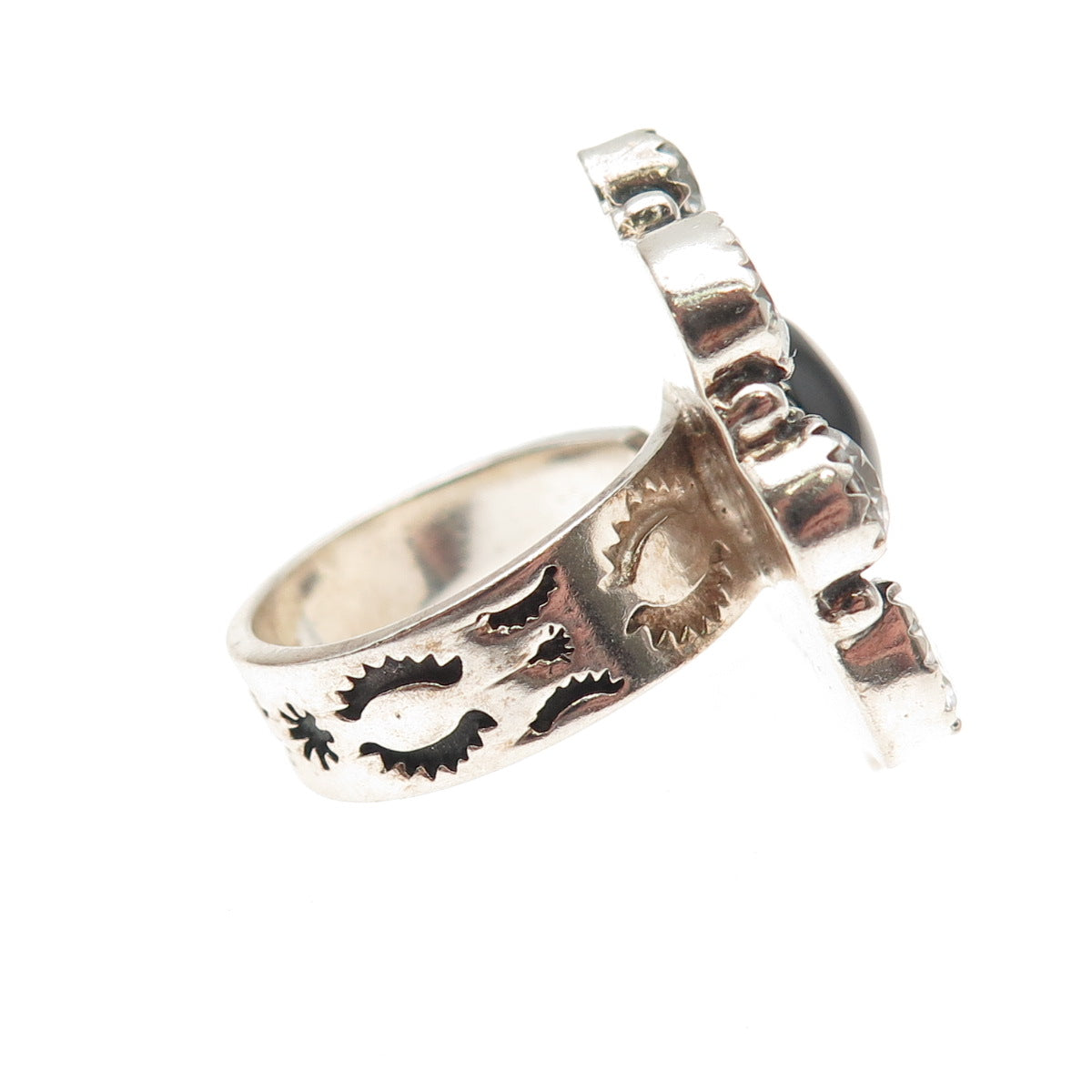 Krush Kandy 925 Sterling Vintage Real Black Onyx & C Z Adjustable Ring Size 8.5