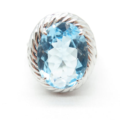 925 Sterling Silver Real Oval-Cut Blue Topaz Gem Ribbed Twisted Ring Size 6.25