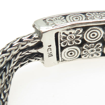 925 Sterling Silver Vintage Floral ID 3-Row Wheat Link Bracelet 6.75"