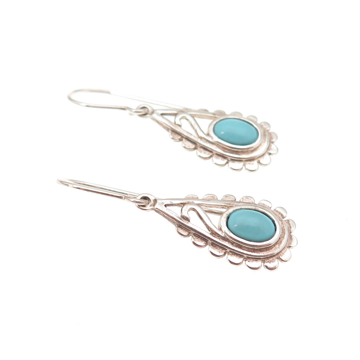 925 Sterling Silver Vintage Real Turquoise Teardrop Oxidized Dangle Earrings