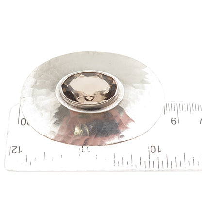 925 Sterling Silver Vintage Real Smoky Quartz Modernist Pin Brooch / Pendant