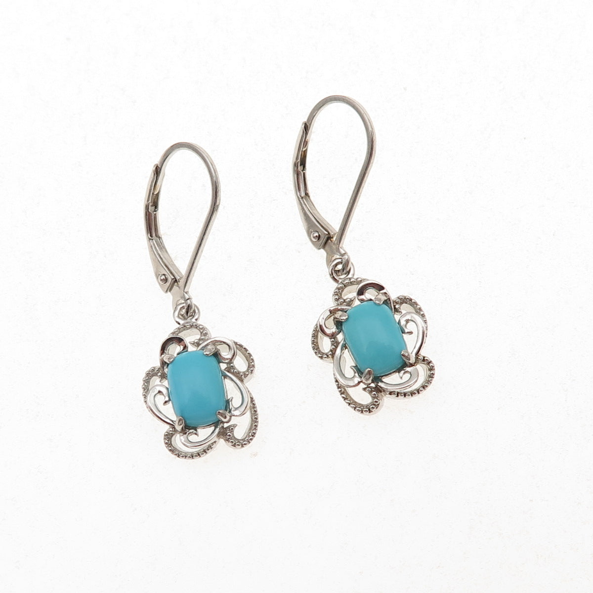 925 Sterling Silver Real Sleeping Beauty Turquoise Floral Dangle Earrings