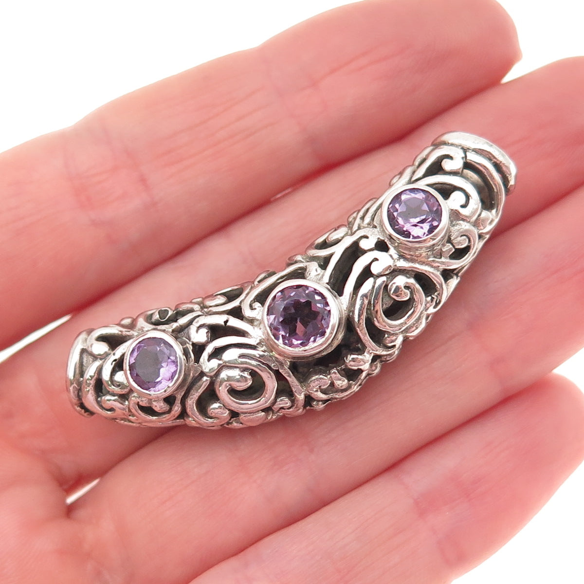 925 Sterling Silver Vintage Real Amethyst Floral Swirl Slide Pendant