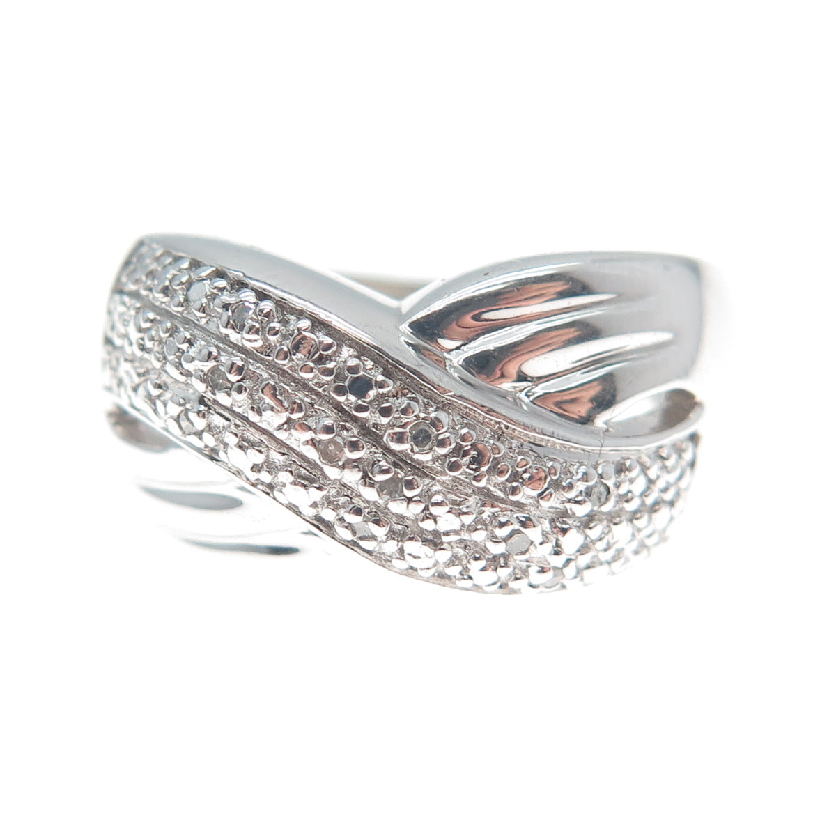 FINA 925 Sterling Silver Real Round-Cut Diamond Crossover Ring Size 7.5
