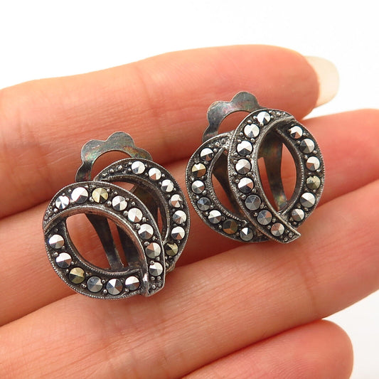 925 Sterling Vintage Germany Marcasite Gem Abstract Design Clip On Earrings