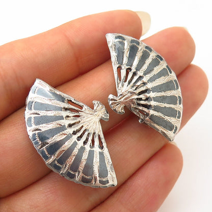 925 Sterling Silver Vintage Siam Niello Fan Design Clip On Earrings