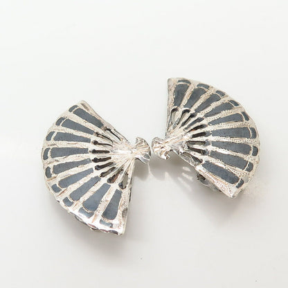 925 Sterling Silver Vintage Siam Niello Fan Design Clip On Earrings