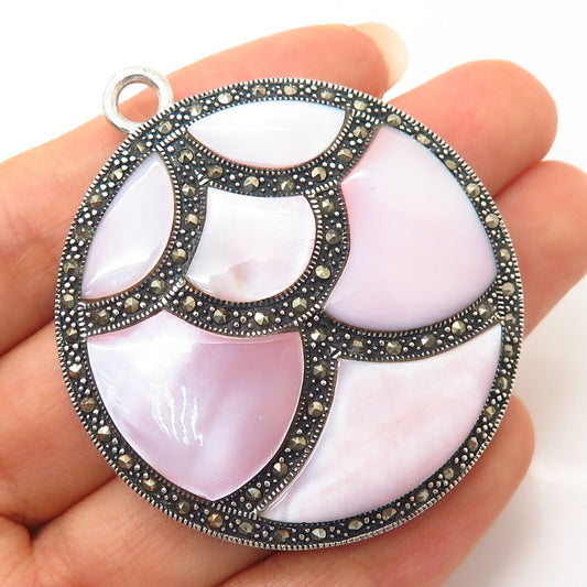 925 Sterling Silver Pink Mother-of-Pearl & Marcasite Gemstone Pendant