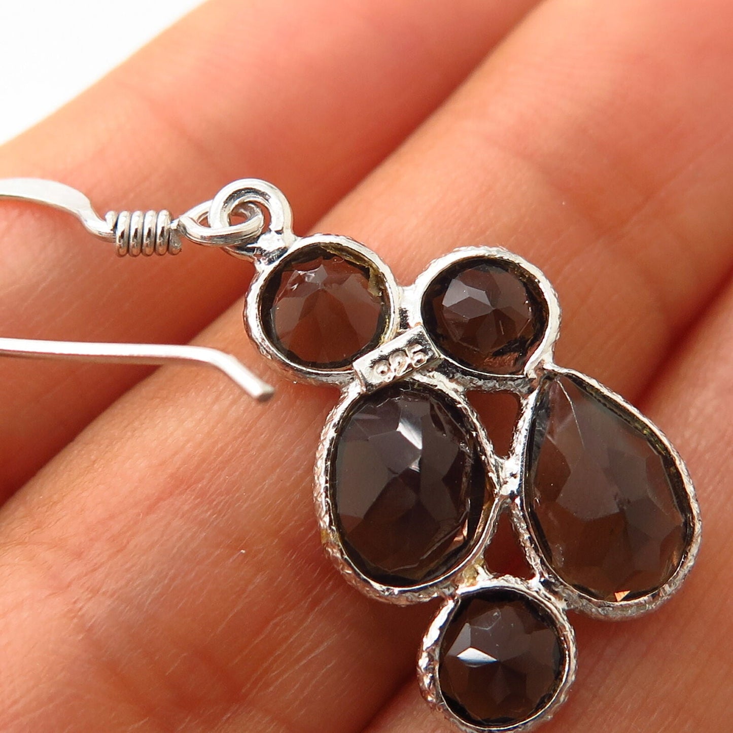 925 Sterling Silver Real Smoky Quartz Bubbles Design Earrings