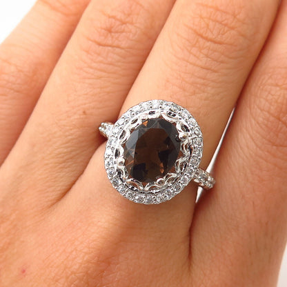 925 Sterling Silver Real Smoky Quartz & C Z Ring Size 6 3/4