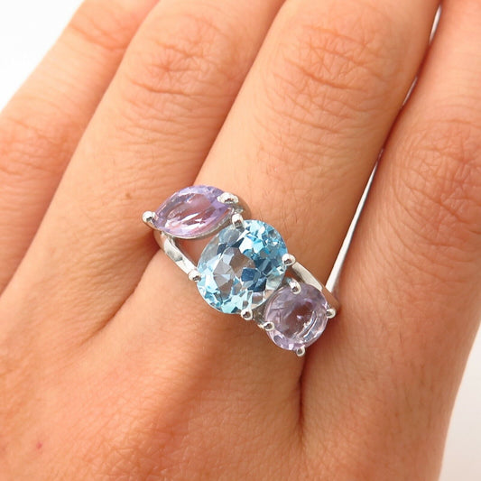 925 Sterling Silver Real Blue Topaz & Amethyst Gemstone Ring