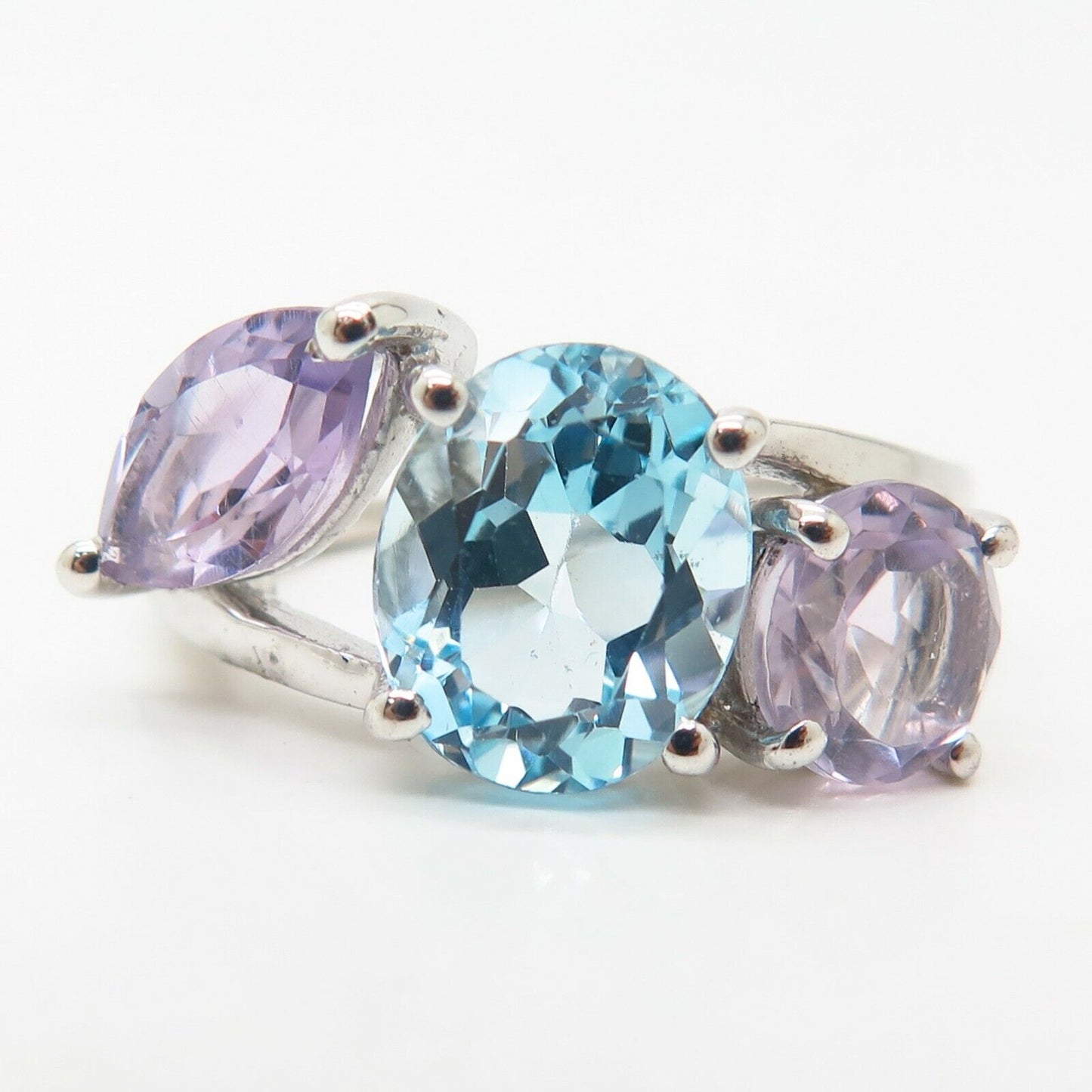 925 Sterling Silver Real Blue Topaz & Amethyst Gemstone Ring