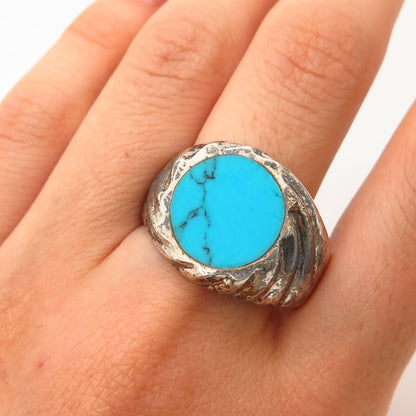 925 Sterling Silver Vintage Mexico Real Turquoise Gem Men's Signet Ring