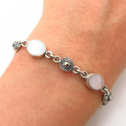 925 Sterling Silver Pink Mother-of-Pearl & Marcasite Gem Link Bracelet 7 1/4"