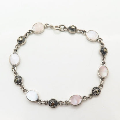 925 Sterling Silver Pink Mother-of-Pearl & Marcasite Gem Link Bracelet 7 1/4"