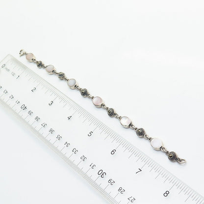 925 Sterling Silver Pink Mother-of-Pearl & Marcasite Gem Link Bracelet 7 1/4"