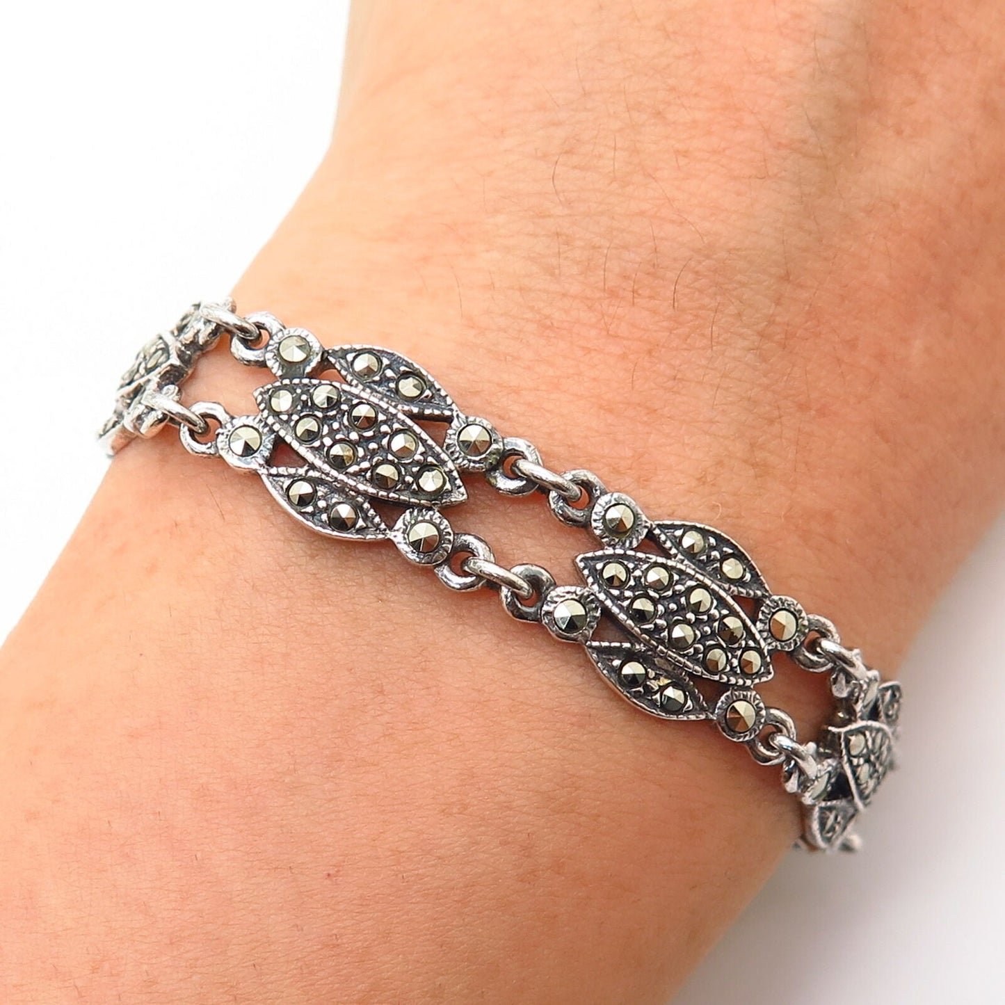 925 Sterling Silver Real Marcasite Gemstone Link Bracelet 7.5"