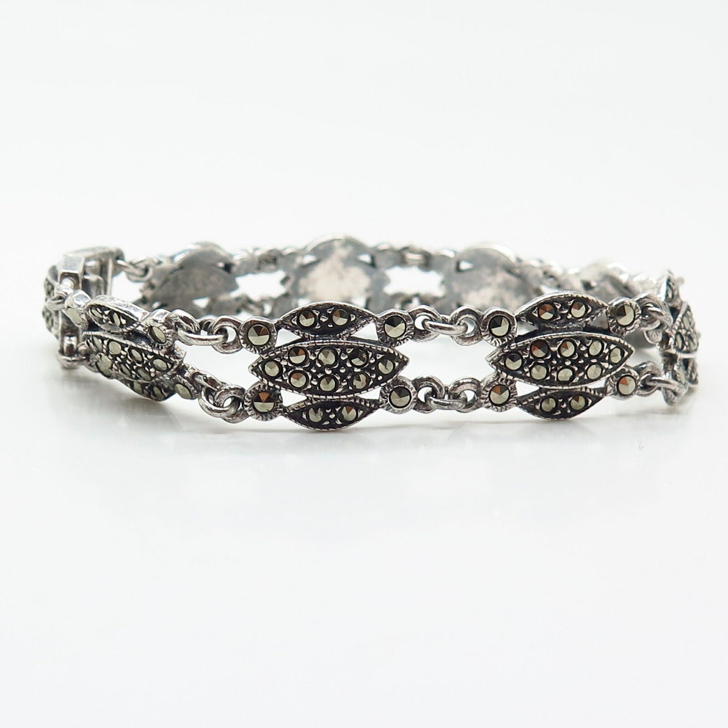 925 Sterling Silver Real Marcasite Gemstone Link Bracelet 7.5"