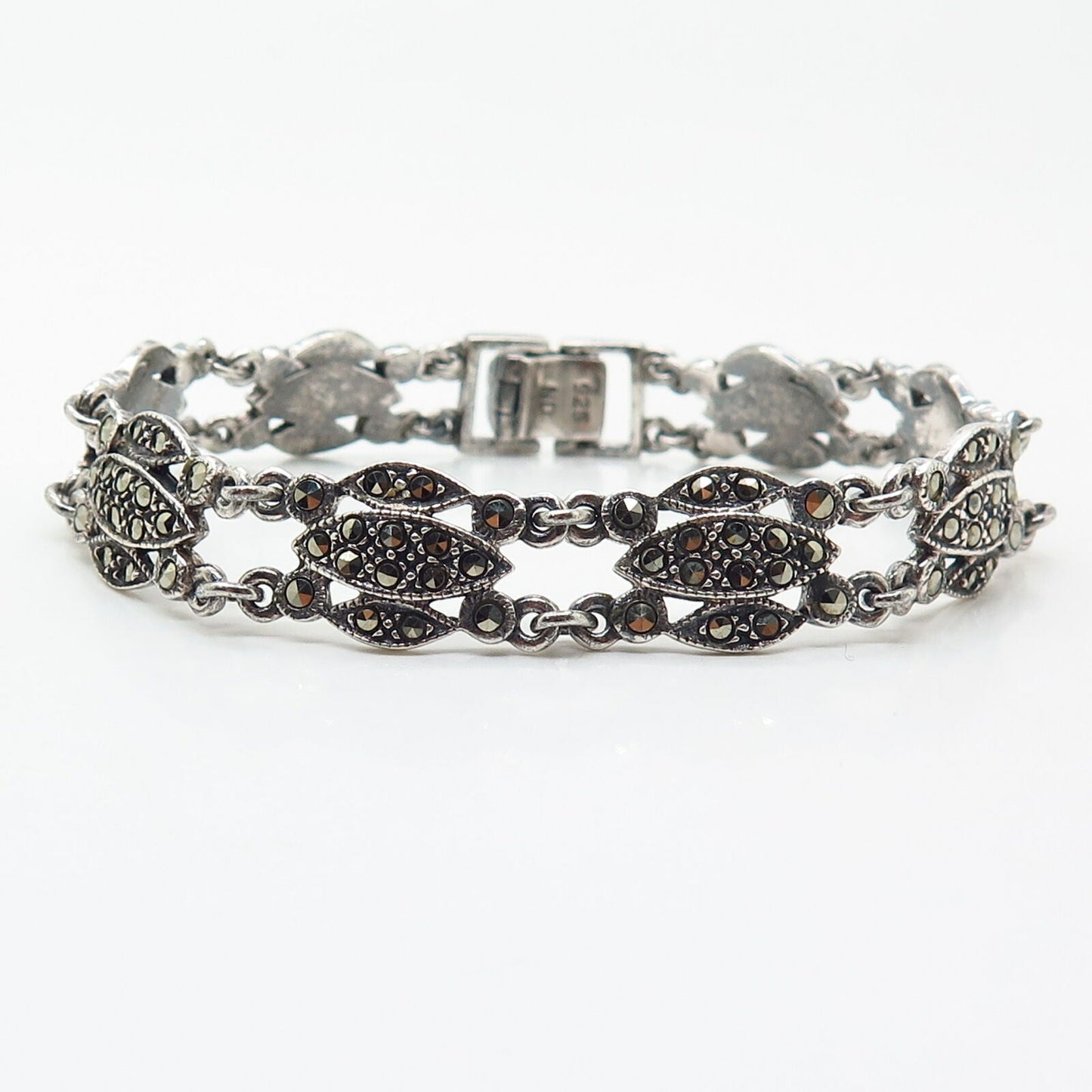 925 Sterling Silver Real Marcasite Gemstone Link Bracelet 7.5"