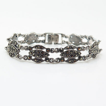 925 Sterling Silver Real Marcasite Gemstone Link Bracelet 7.5"