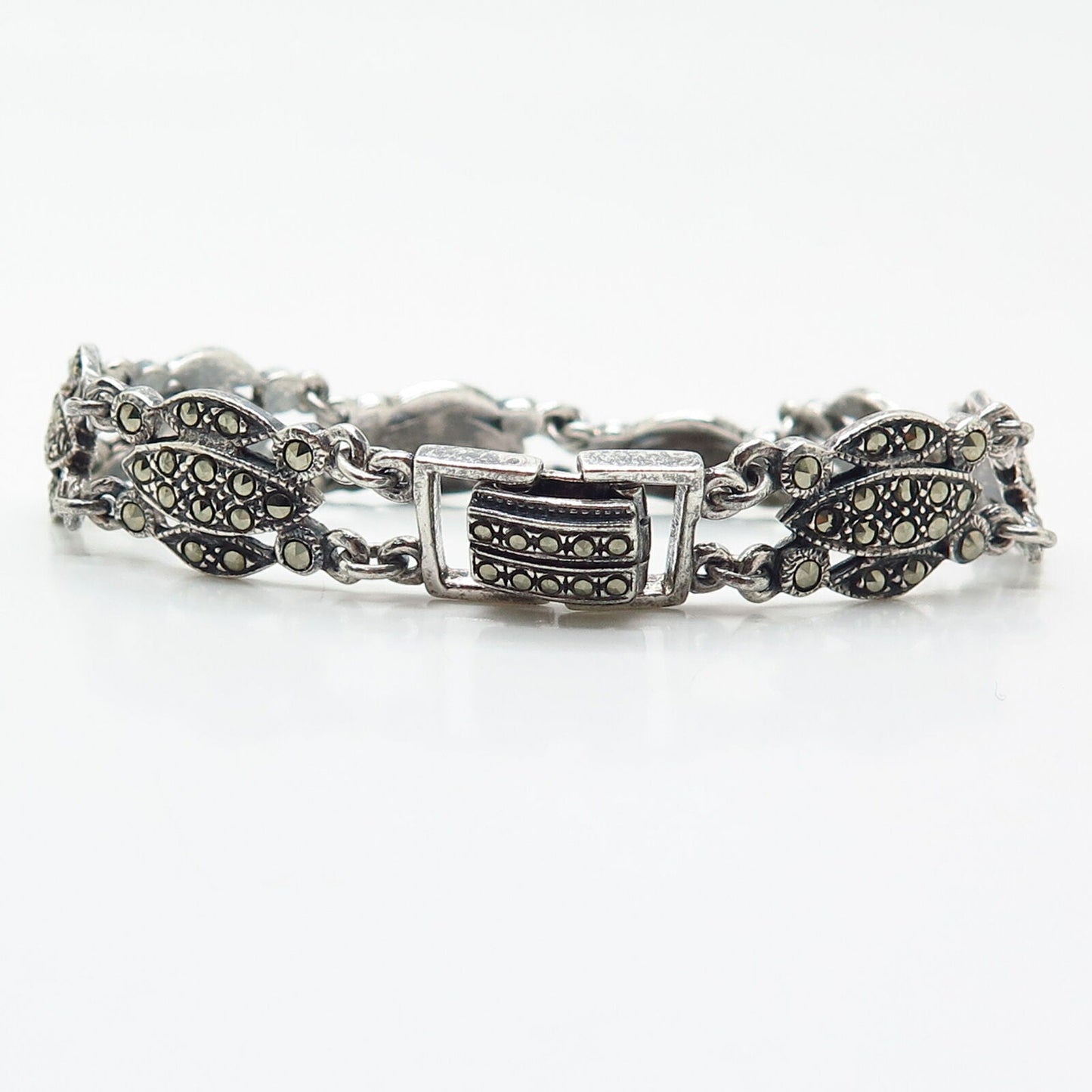 925 Sterling Silver Real Marcasite Gemstone Link Bracelet 7.5"