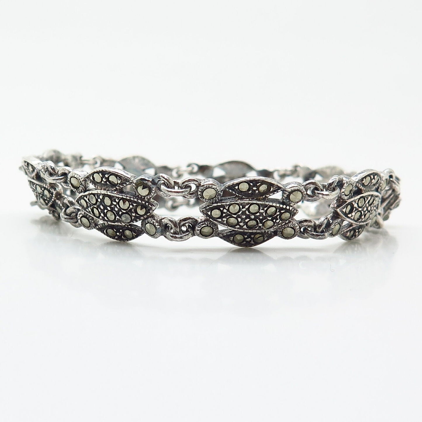 925 Sterling Silver Real Marcasite Gemstone Link Bracelet 7.5"