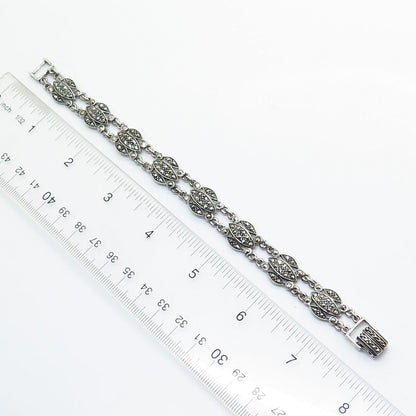 925 Sterling Silver Real Marcasite Gemstone Link Bracelet 7.5"