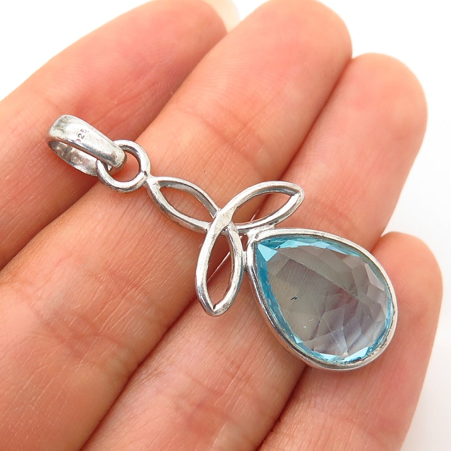 925 Sterling Silver Real Blue Topaz Gemstone Celtic Triquetra Design Pendant