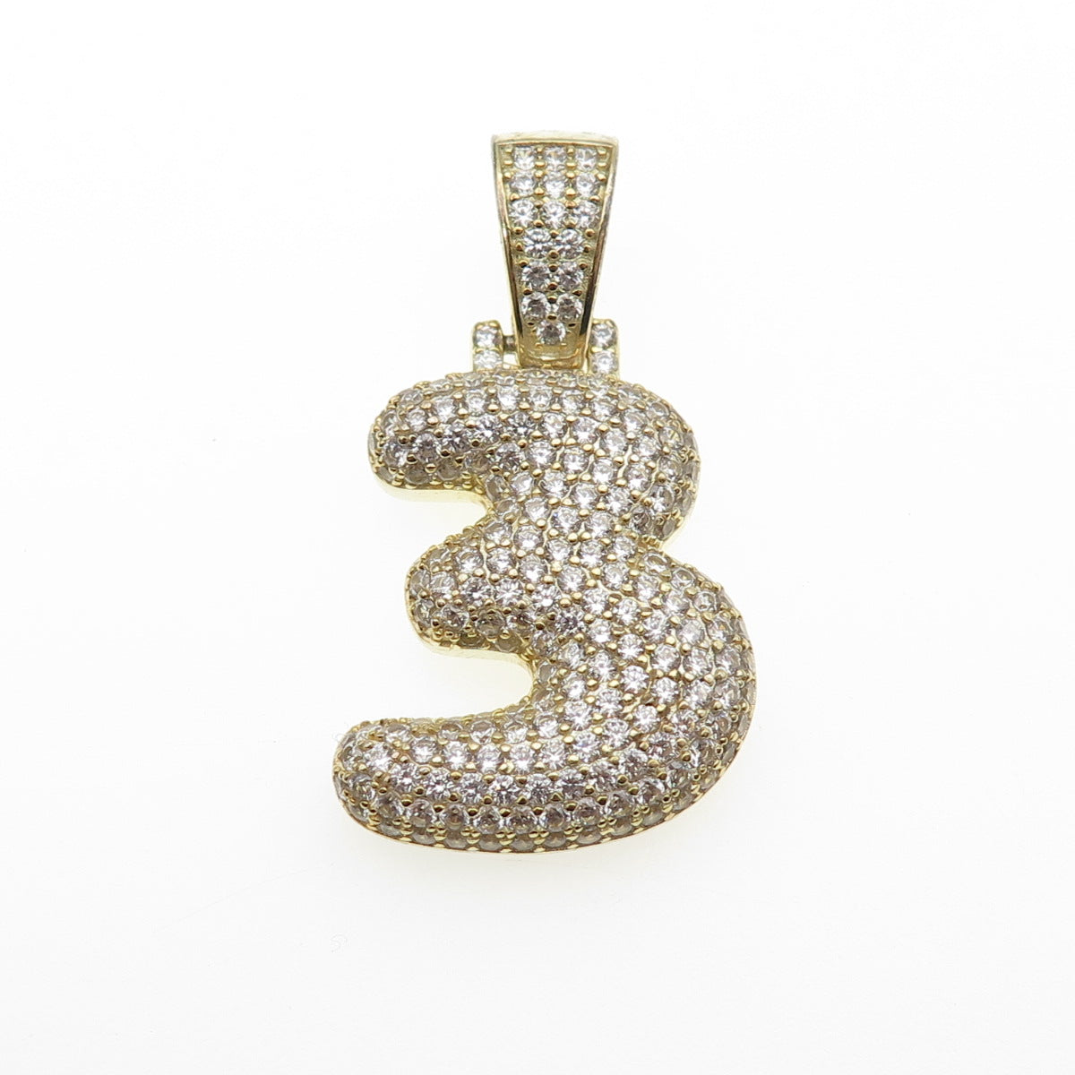925 Sterling Silver Gold Plated Round-Cut C Z Number 3 Lucky Pendant