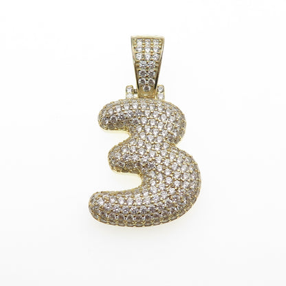 925 Sterling Silver Gold Plated Round-Cut C Z Number 3 Lucky Pendant