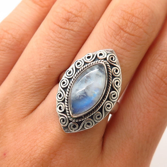 925 Sterling Silver Real Moonstone Gem Ethnic Design Ring Size 7 1/4