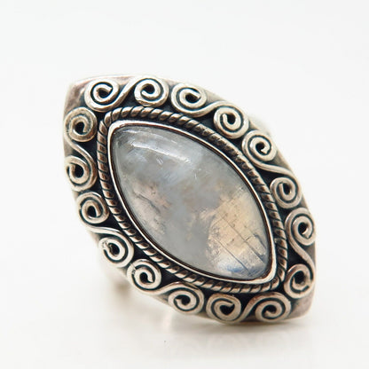 925 Sterling Silver Real Moonstone Gem Ethnic Design Ring Size 7 1/4