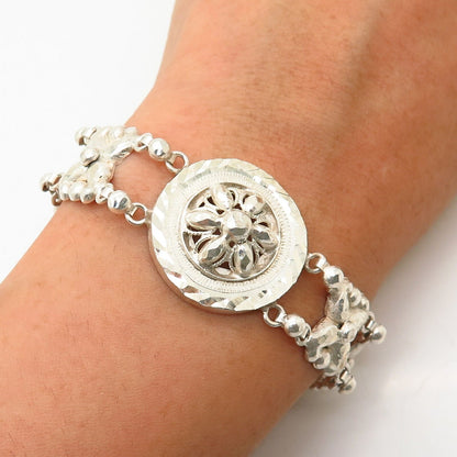 925 Sterling Silver Floral Textured Design Link Bracelet 7"