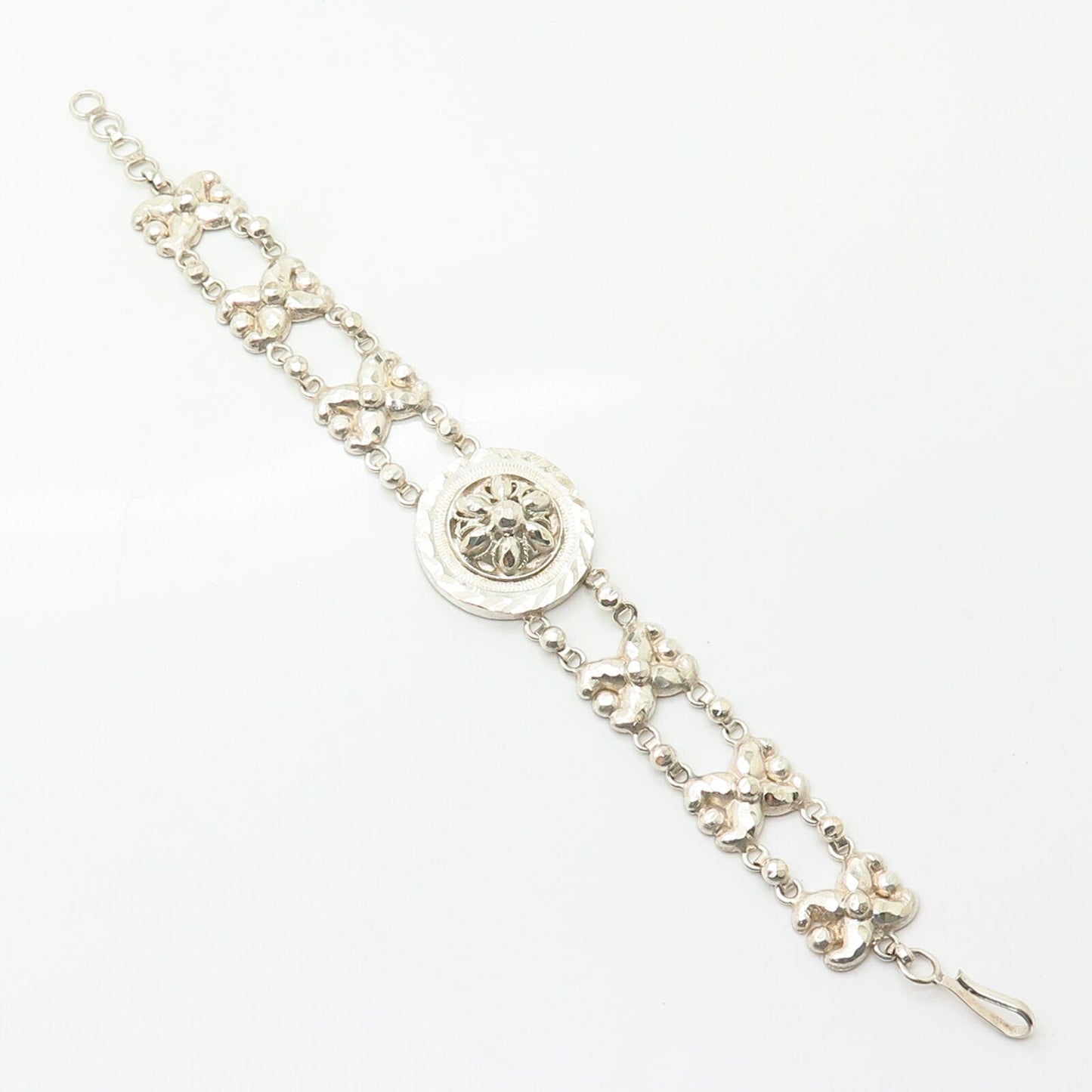 925 Sterling Silver Floral Textured Design Link Bracelet 7"