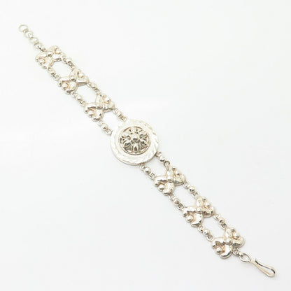 925 Sterling Silver Floral Textured Design Link Bracelet 7"