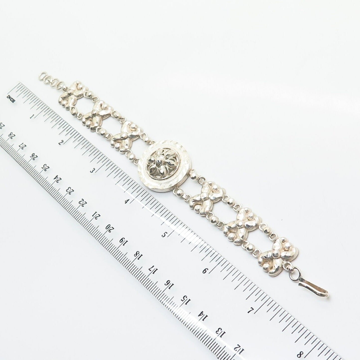 925 Sterling Silver Floral Textured Design Link Bracelet 7"