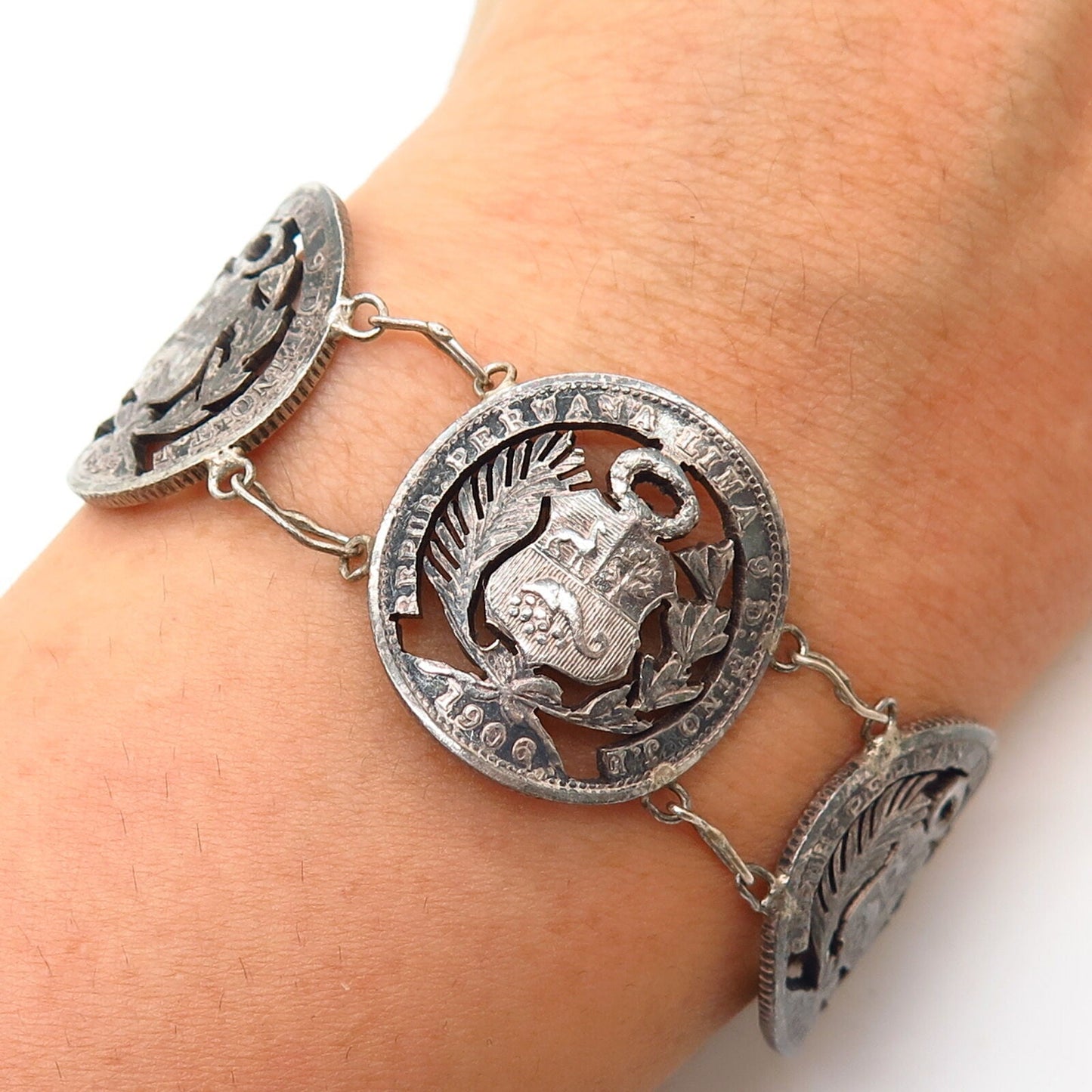 900 Silver Antique Victorian Peru Assorted Cutout Coin Link Bracelet 7"