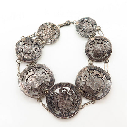 900 Silver Antique Victorian Peru Assorted Cutout Coin Link Bracelet 7"