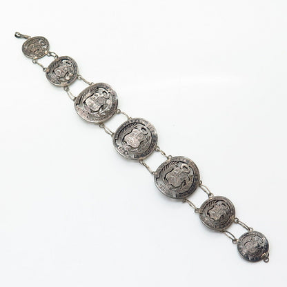 900 Silver Antique Victorian Peru Assorted Cutout Coin Link Bracelet 7"