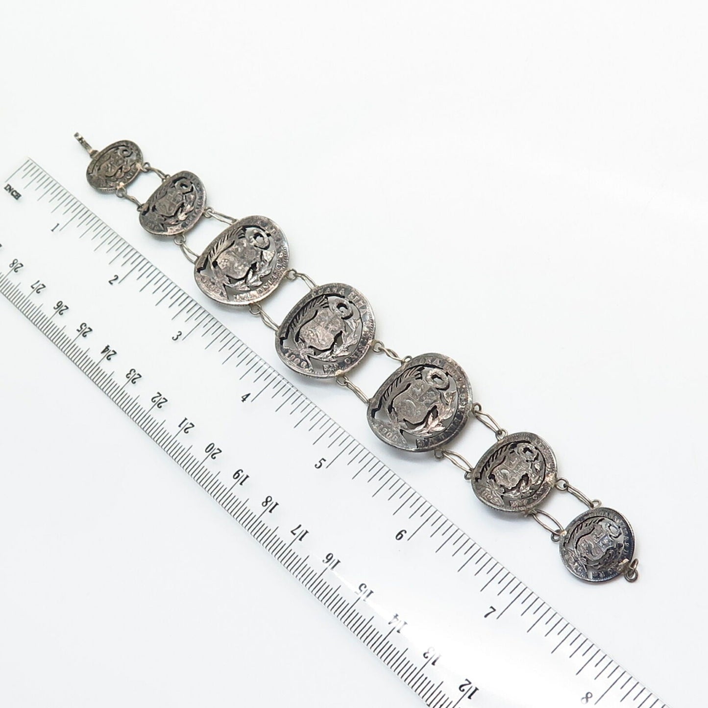 900 Silver Antique Victorian Peru Assorted Cutout Coin Link Bracelet 7"