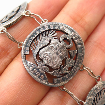 900 Silver Antique Victorian Peru Assorted Cutout Coin Link Bracelet 7"