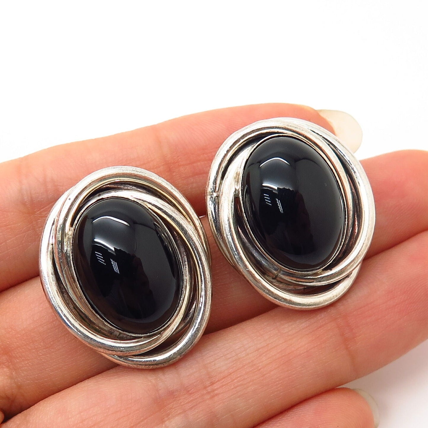 925 Sterling Silver / 14K Vintage Real Black Onyx Gemstone Earrings