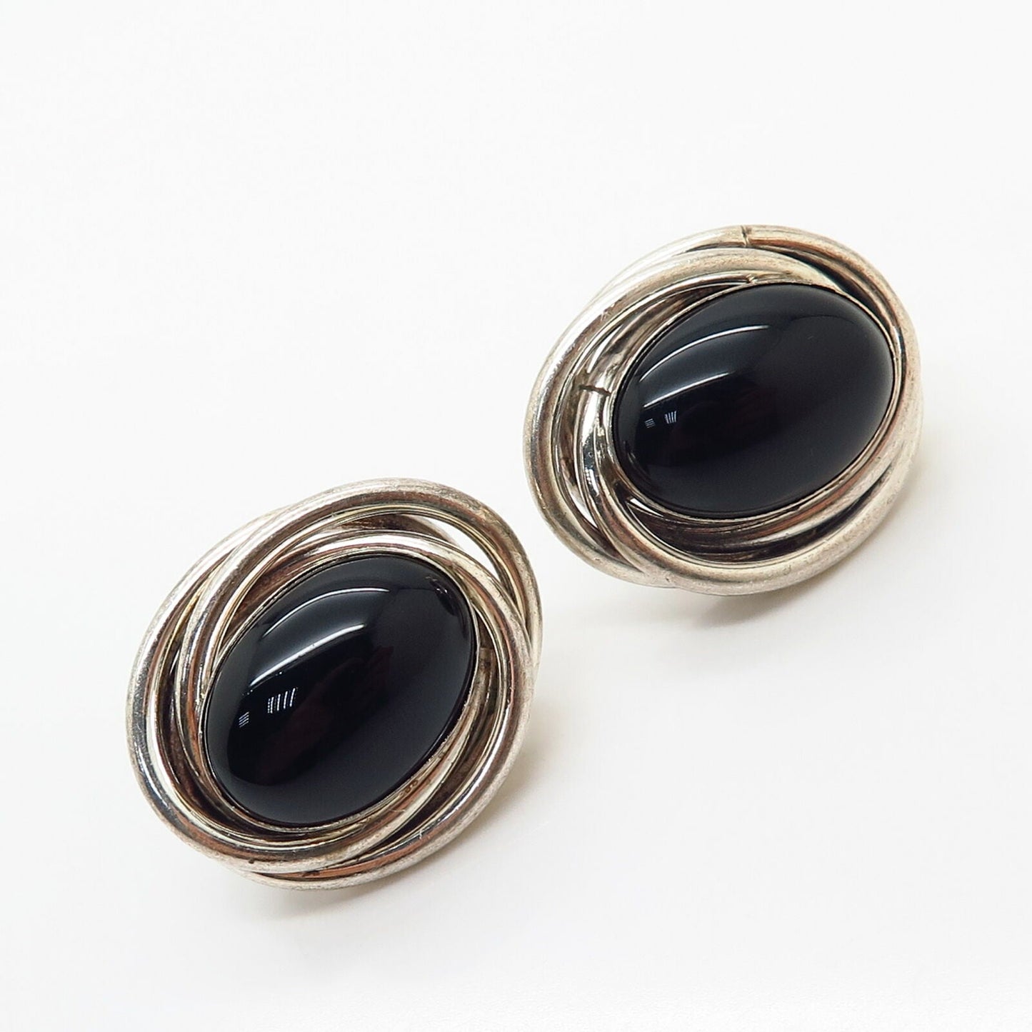 925 Sterling Silver / 14K Vintage Real Black Onyx Gemstone Earrings