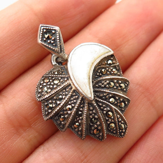 925 Sterling Silver Real Mother-of-Pearl & Marcasite Gem Apple Design Pendant